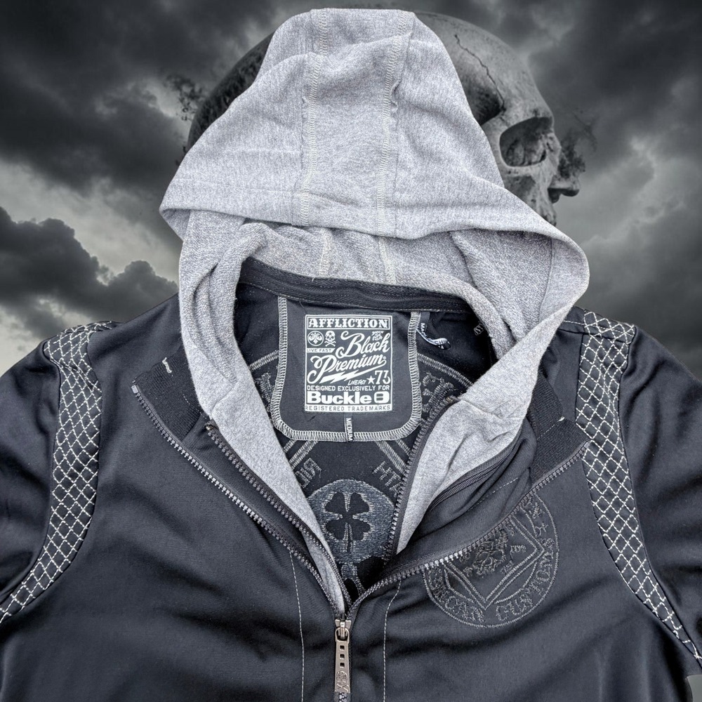 Affliction Black Premium X73 Zip Hoodie Mens M Buckle Exclusive Skull Live Fast